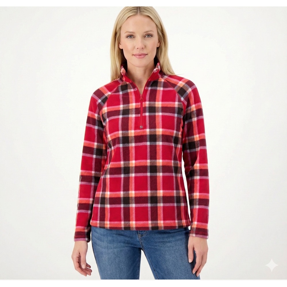 Eddie Bauer Fleece Sweater Womens‎ L Pink Plaid Y2K Outdoor Cozy Winter Casual